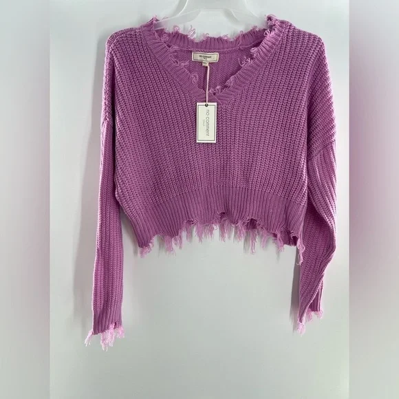 NO COMMENT DISTRESSED PURPLE V-NECK SWEATER LARGE NEW - Picture 1 of 5